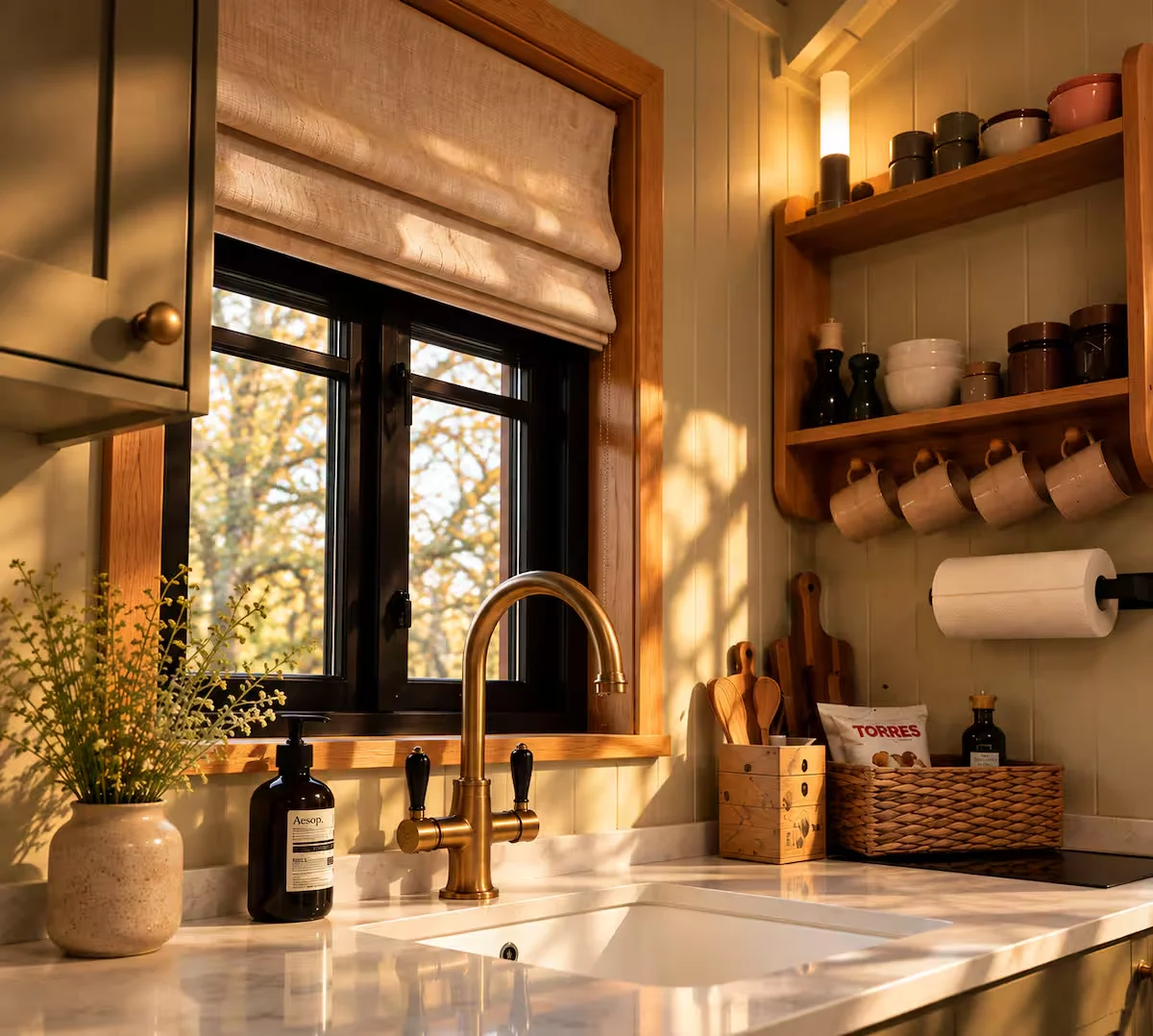 Sloe's brass boiling-water tap, kitchen sink and shelves of mugs