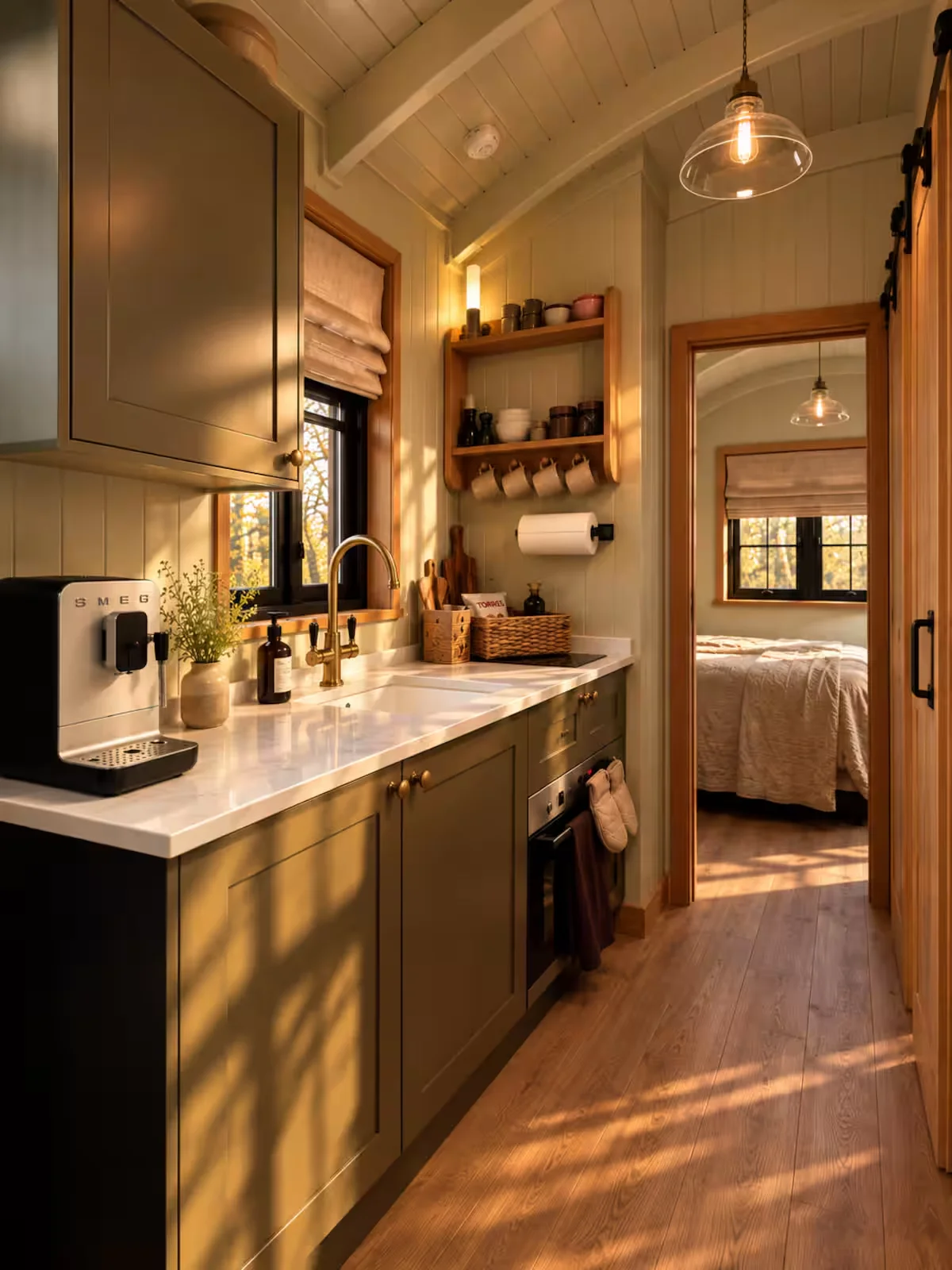 Sloe's kitchen with olive cupboards and the separate bedroom beyond