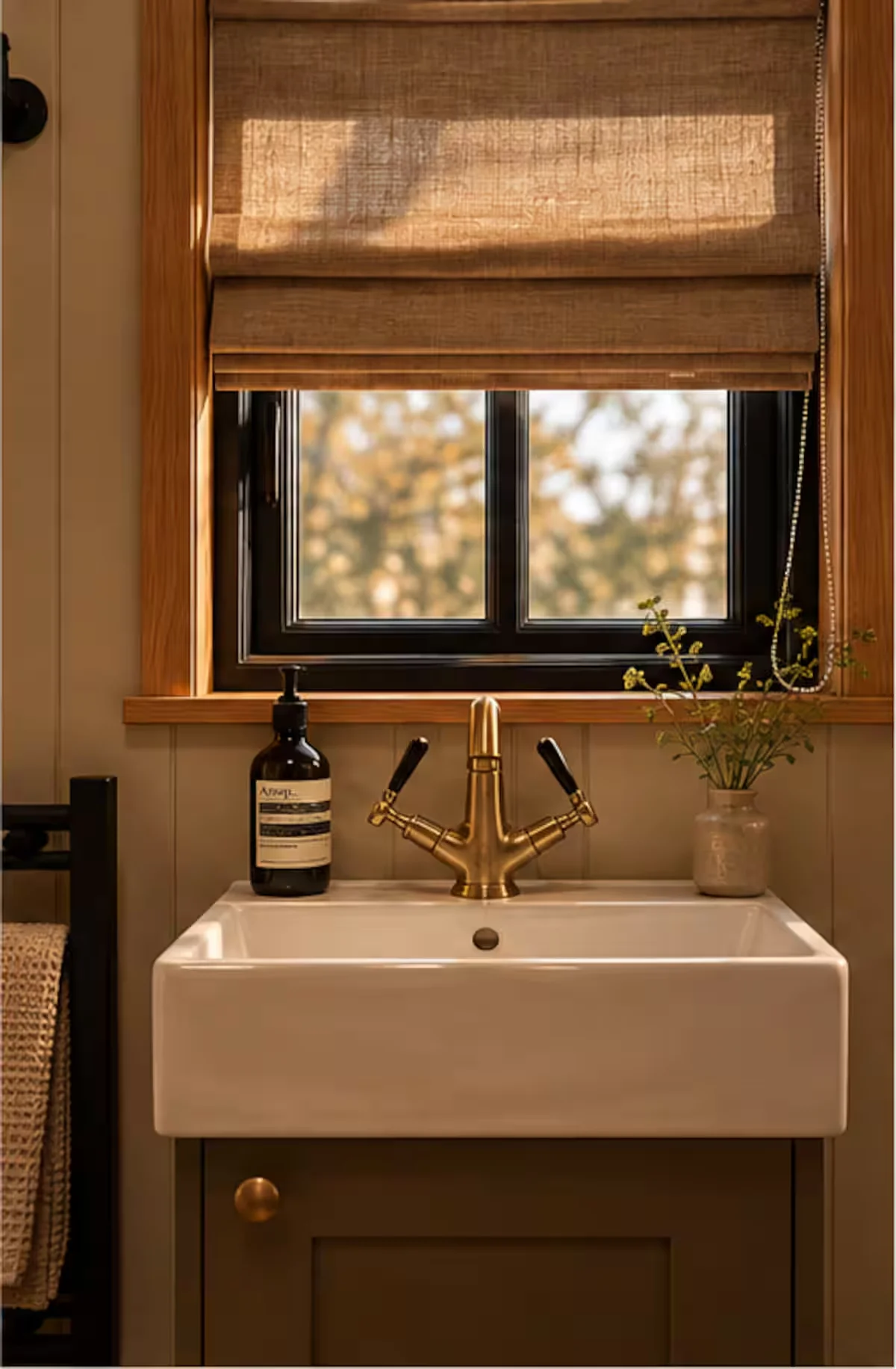Sloe's bathroom basin with brass taps and toiletries beneath the window