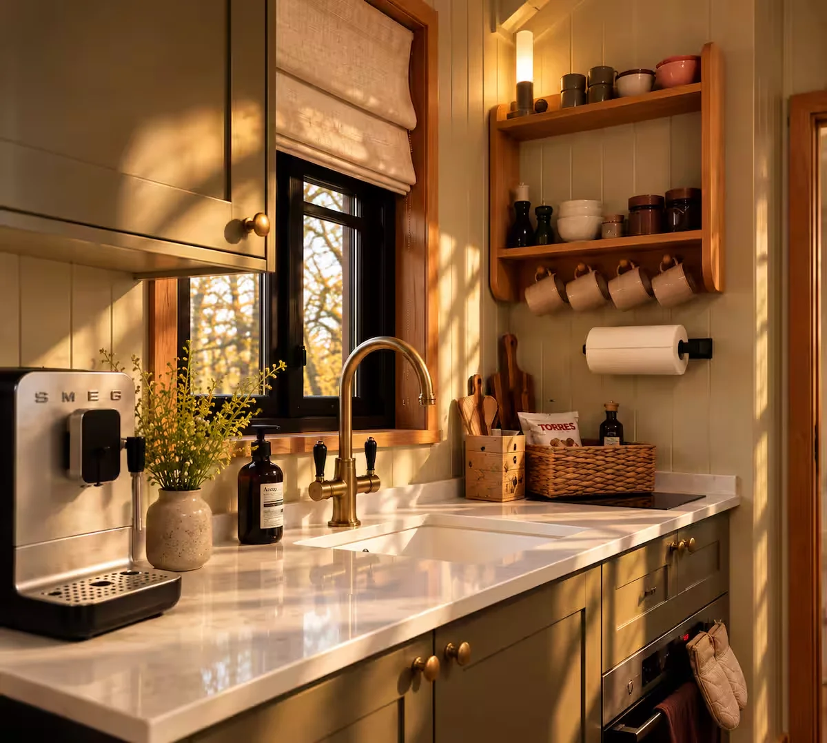 The Smeg coffee machine and brass tap on Sloe's kitchen worktop