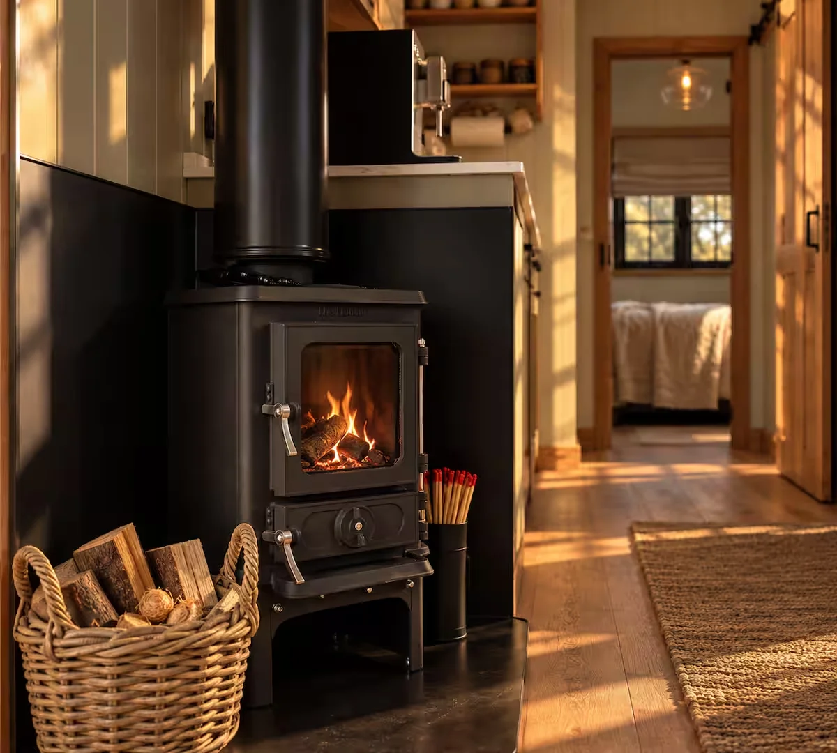 A fire lit in Sloe's wood-burning stove beside a basket of logs