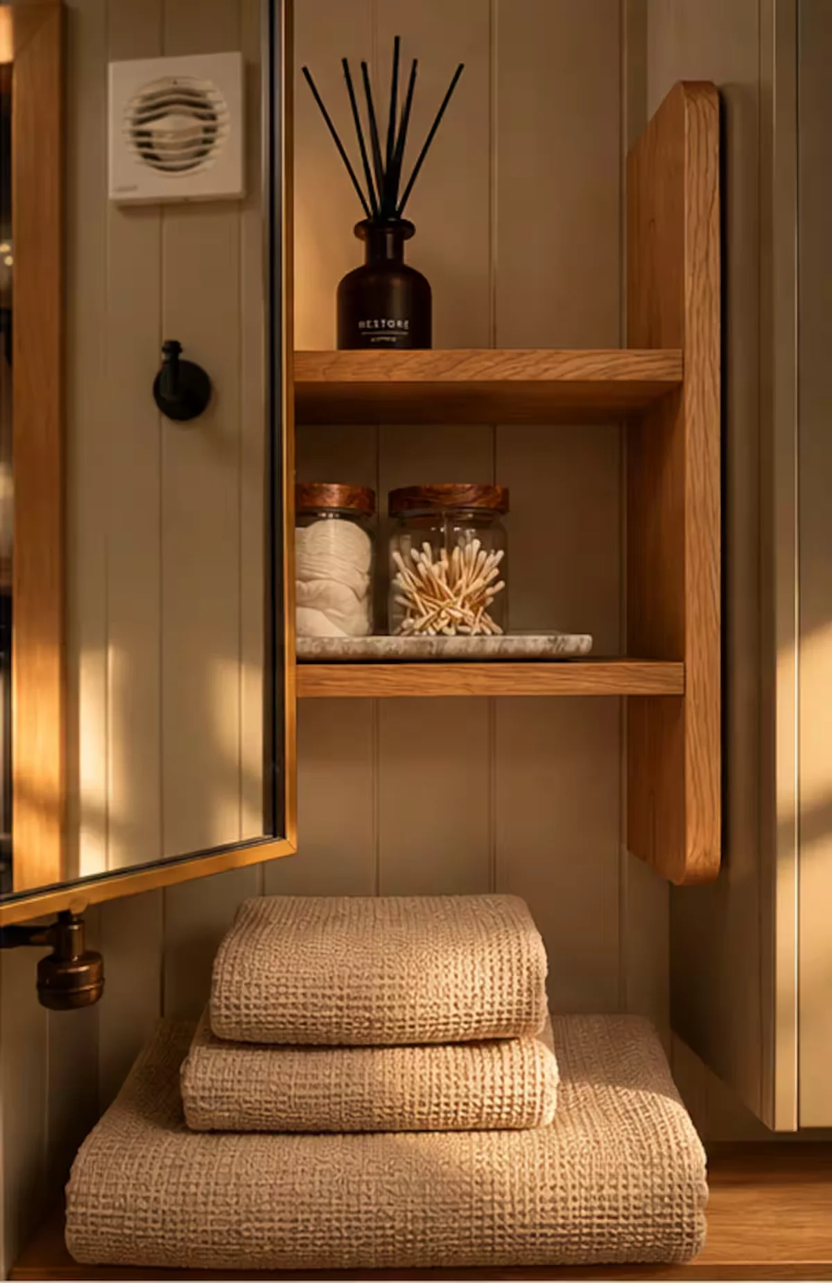 Folded towels and toiletries on timber shelves in Sloe's bathroom