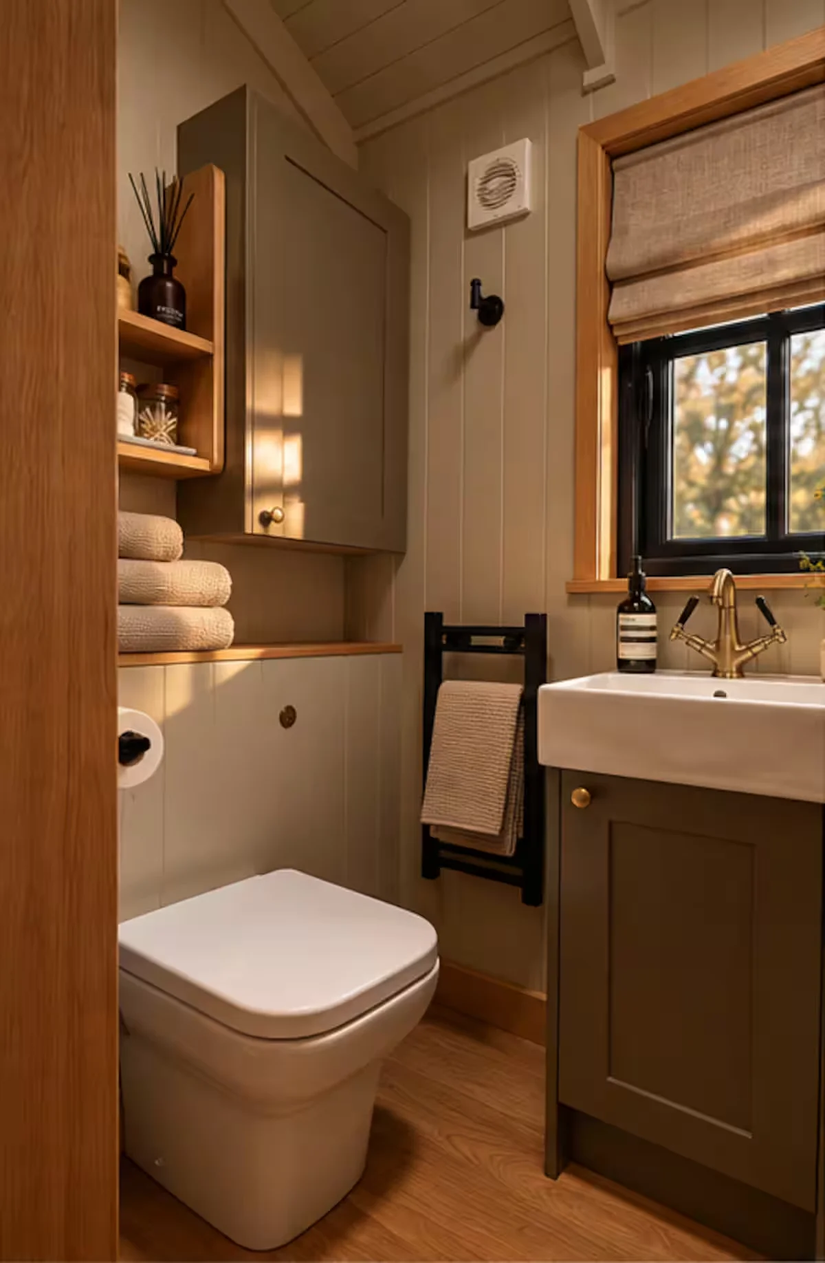 Sloe's shower bathroom with brass fittings, timber panelling and a window above the basin